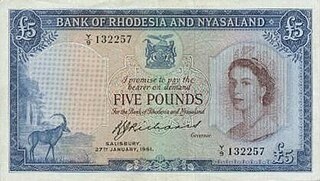 Federation Five Pound Note (1961) Federation of Rhodesia and Nyasaland five pound note.jpg