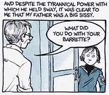 A panel from Fun Home depicting
Bruce (left) and Alison Bechdel (right). Fun-home-barrette.jpg