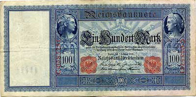 A 100-Goldmark banknote issued by the German Reichsbank in 1908