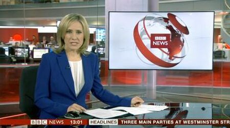 Sophie Raworth presenting the first BBC News at One at Broadcasting House, 18 March 2013, 13:00