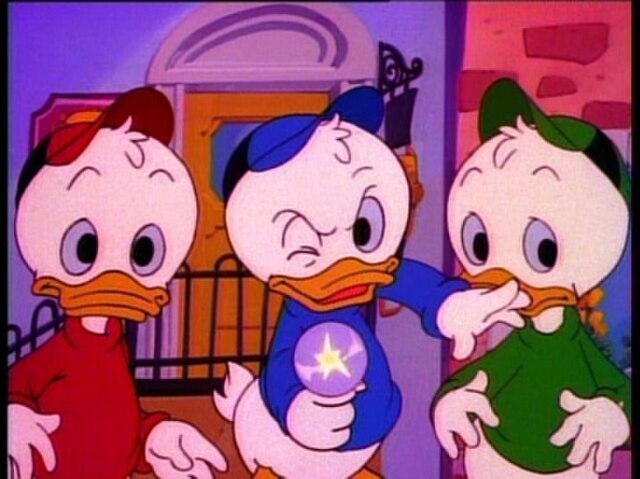 Huey, Dewey, and Louie, as they are seen in the original DuckTales animated series