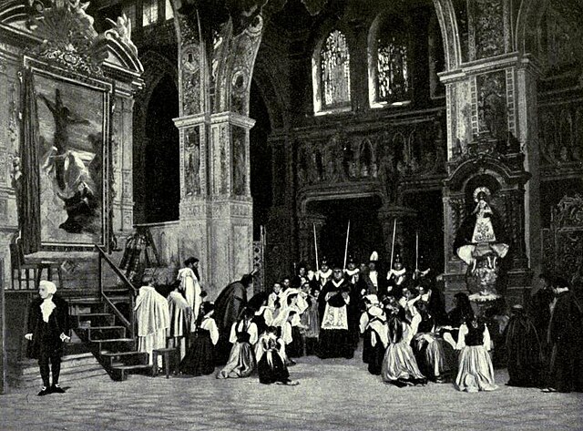 The Te Deum scene which concludes act 1; Scarpia stands at left. Photograph of a pre-1914 production at the old Metropolitan Opera House, New York