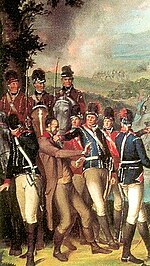 Detail of the Battle of Ballynahinch 1798 by Thomas Robinson. Yeomanry prepare to hang United Irish insurgent Hugh McCulloch, a grocer. Battle of Ballynahinch (detail).jpg