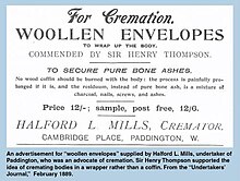 Advertisement for woollen envelopes to wrap the body in for cremation, appearing in the Undertaker's Journal, 1889. Cremation advertisement 1889.jpg