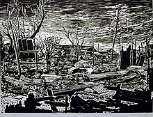 Lim Yew Kuan, After the Fire (Bukit Ho Swee), circa 1966, woodblock print on paper, 62.5 x 48.4 cm, Collection of National Gallery Singapore. Lim Yew Kuan, After the Fire (Bukit Ho Swee), circa 1966, woodblock print on paper, 62.5 x 48.4 cm.jpg