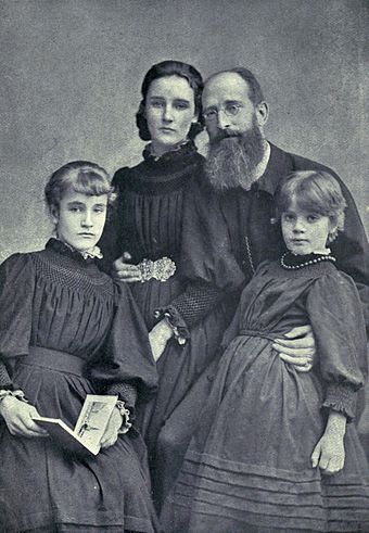 Mandell Creighton with three of his daughters (from left to right), Lucia, Beatrice, and Mary, in 1888. The Creightons' fourth daughter and seventh child, Gemma, born the previous year, is not shown.