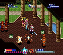 Alen attacking enemies using the fire Guardian Blade with princess Elikshil as a companion SFC Alcahest.png