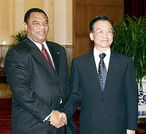 Premier Wen Jiabao meets with Prime Minister Perry Christie in Beijing in 2004 Wen and Christie.jpg