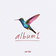 Warna-warni hummingbird berpusat pada latar belakang putih dengan 'album1' merah bergaya font