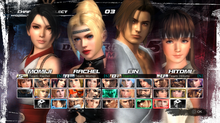 The entire character roster in the game (selected are the series' newcomers Rachel and Momiji, and the returnees Ein and Hitomi); the lower-left random select slot is replaced by Marie Rose, Leon switch side in replacing lower right random select while only one random select below Alpha-152 once again, Phase-4 is below Hayate, and Nyotengu is below Ryu Hayabusa in Arcade and DLC updates DO5U roster.png