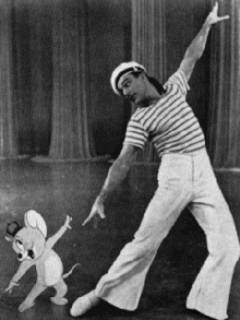 Gene Kelly dances with Jerry of Tom and Jerry in Anchors Aweigh (1945), a performance which changed at least one critic's opinion of Kelly's skills. Gene Kelly dancing with Jerry Mouse ("Anchors Aweigh", 1945).gif