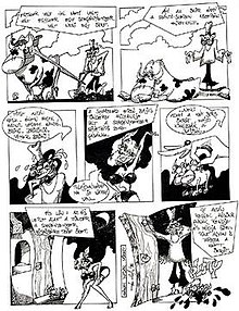 A comic strip by Harom Madar Muhely (Three Birds Workshop) published in the absurd humor magazine, Kreten, 1995. With no substantial orders, the three artists disappeared by the end of the millennium. Harom Madar Muhely.jpg
