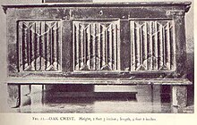 An English oak chest with complex linenfold panels. Macquoidpanelchest.jpg