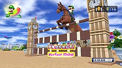Luigi performing equestrian jumping. From left to right clockwise, the game's interface displays the current player-character, number of hurdles, and stopwatch. Mario & Sonic at the London 2012 Olympic Games gameplay.jpg