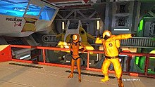 The PixelJunk Shooter space in PlayStation Home is a 3D representation of elements seen in the 2D game. In the foreground are two Home avatars wearing scientist uniforms unlocked by playing PixelJunk Shooter. PlayStation(r)Home Picture 12-17-2009 6-05-55.JPG