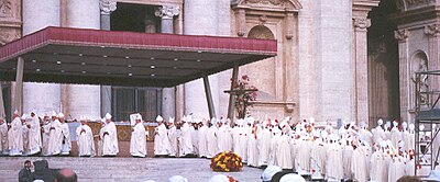 Catholic bishops assembled in front of St. Peter's Basilica Catholic bishops at papal funeral.jpg