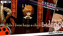 An example of gameplay in Danganronpa. The player is in a Class Trial finding an issue in a character's comment and having to shoot a "Truth Bullet" towards this sentence. Danganronpagameplay.jpg