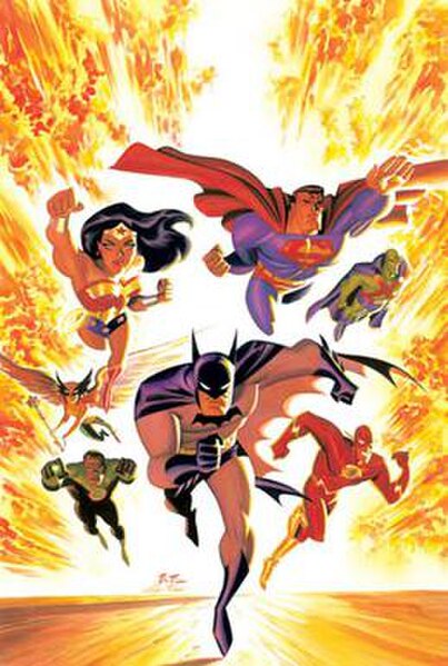 Cover art for the comic Justice League Adventures #1 (2002). Art by Bruce Timm and Alex Ross.