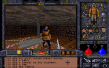 The player character stands in Killorn Keep with his weapon raised. The HUD icons are in the bottom right corner, and the player's inventory takes up the right side of the screen. Underworld2.png