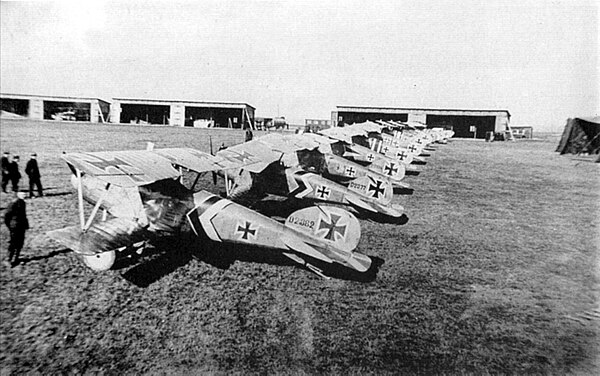 Lineup of Albatros D.III fighters of Jagdstaffel 50 - mid to late 1917. The subdued staffel scheme of black and white stripes and chevrons can be seen