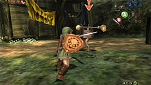 A boy in a green tunic holds a shield while swinging his sword towards an enemy.