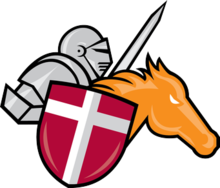 Drawing of a knight holding a red shield and riding an orange horse