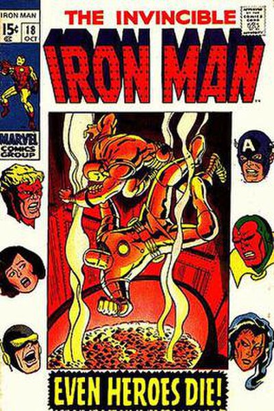Tuska's cover of Iron Man #18 (Oct. 1969) displays a panoply of character faces, as well as both old and new Iron Man armors.