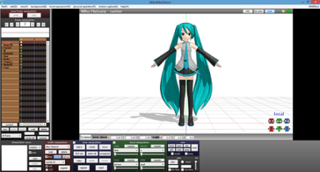 MikuMikuDance is a freeware animation program that lets users animate and create 3D animated movies, originally produced for the Vocaloid character Hatsune Miku. The MikuMikuDance program itself was programmed by Yu Higuchi (HiguchiM) and has gone through significant upgrades since its creation. Its production was made as part of the VOCALOID Promotion Video Project (VPVP).
