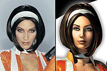 An image of model and actress Mitzi Martin, dressed as Cate Archer, alongside a rendered picture of Archer.