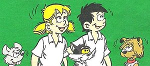 The five principal characters as they appeared in 1994. Left to right: Streetwise, Bee, Paws, Simon, Mutt. Quiz Kids characters.jpg