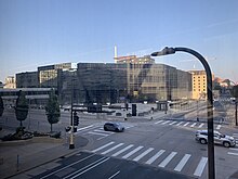 A view of the Wells Fargo Operations Center plaza following the removal of Inner Search, as pictured in August 2023, without the sculpture. Wells Fargo Operations Center from skyway.jpeg