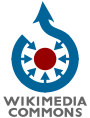 Central filled red circle, surrounded by a blue circular outline with a gap and an arrow leading up, plus seven smaller arrows pointing inward to the red circle. Below are the words "WIKIMEDIA COMMONS".
