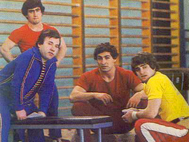 Oksen Mirzoyan (left, standing), Yurik Vardanyan (middle right) and Yurik Sarkisyan (far right) are among the best-known Armenian weightlifters of the 1970-80s Mirzoyan, Vardanyan and Sarkisyan.png