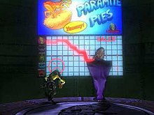 Molluck the Glukkon and his Slig observing the plummeting profits. The game makes extensive use of narrative cutscenes, as many staff members had backgrounds in 3D animation and film production. Molluckprofit.jpg