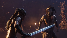 The player is engaging in combat with an enemy. Senua's Saga Hellblade 2 gameplay.webp