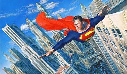 Superman flies over Metropolis. Art by Alex Ross.