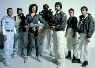 The principal cast members of Alien (left to right: Holm, Stanton, Weaver, Kotto, Skerritt, Cartwright, and Hurt)