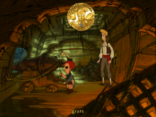 A scene from The Curse of Monkey Island shows Guybrush Threepwood and Wally below decks in LeChuck's ship, with the coin-shaped pop-up menu indicating possible actions. Curse of Monkey Island screenshot.png