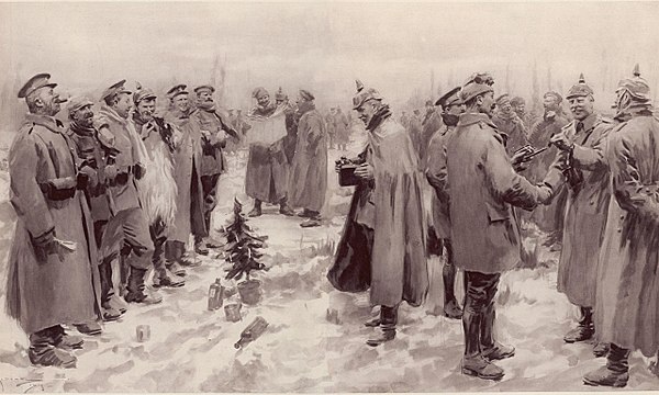 Soldiers from both sides (the British and the German) exchange cheerful conversation (an artist's impression from The Illustrated London News of 9 Jan