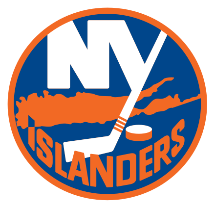 Inside a blue circle, with orange and white borders, the letters "NY" are joined together with the "Y" hockey stick facing downwards, next to a hockey puck. Behind the image, a map of Nassau and Suffolk counties joined together. At the bottom, the teams