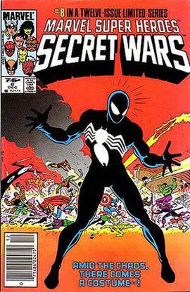The cover of Secret Wars #8, which details Spider-Man's first encounter with the black costume. Pencil art by Mike Zeck.