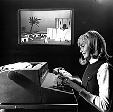 Girl sitting at a teleprinter with an image of a Mesopotamian city behind her