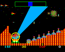The player's ship (left of the searchlight beam) flies over the plaid terrain of the first section. ARC Cosmic Avenger.png