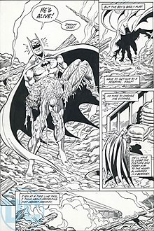 Black and white comic book panels. The first panel depicts Batman exclaiming "Thank God!" in relief that Jason Todd is still alive, and the second and third panels (on the right) show him carrying the boy's body. The fourth panel, at the bottom of the page, depicts ruins in the aftermath of an explosion.
