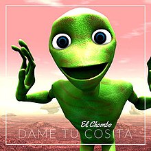 In a reddish, rocky habitat, a green alien called dame tu cosita is shown with its arms stretched out, dancing. An outline of a square surrounds the screen. Inside the bottom half of the square, El Chombo's name is written in cursive, and below that, "Dame Tu Cosita"