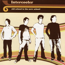 Four men are drawn in black-and-white. The one on the left is looking left, the other three are looking right. The main background is light brown with two sets of four different coloured stripes in curves: one set placed at shoulder height and the set at their feet. Across the top is a darker background with the group's name in light brown and the title in smaller print a few lines below.