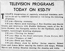 Article in the St. Louis Post-Dispatch edition dated February 8, 1947, announcing KSD-TV's first programs. KSD-TV's first schedule, February 8, 1947.jpg