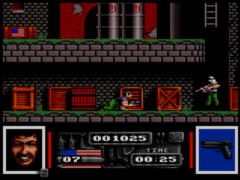 A screenshot from the first level of the game. The interface displays Hawkins' health, time remaining, selected weapon, and number of lives. Navy SEALS gameplay.png