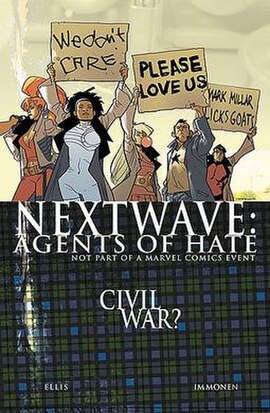 Nextwave #11, art by Stuart Immonen. The cover parodies Marvel's Civil War.