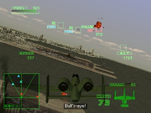 In-game screenshot, showing the player targeting a squadron of enemies. The player's fuel meter is shown at the top-left. Ace Combat 2 screenshot.png